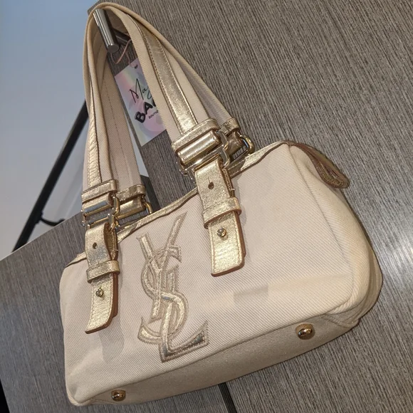 YSL: Metallic Mini Boston Kahala Canvas Leather Tote Shoulder Bag - Picture 5 of 16